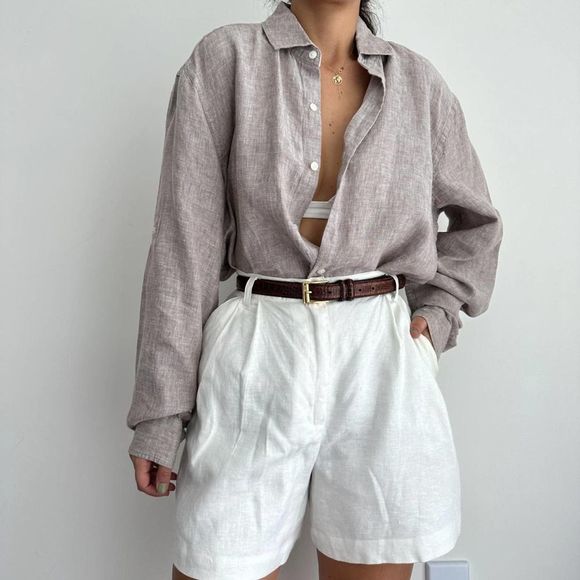 Linen Coastal Oversized Neutral Linen Button Down Shirt L - Picture 6 of 7